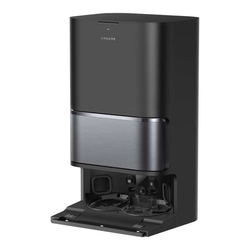 Czarna stacja do robota sprzątającego na białym tle